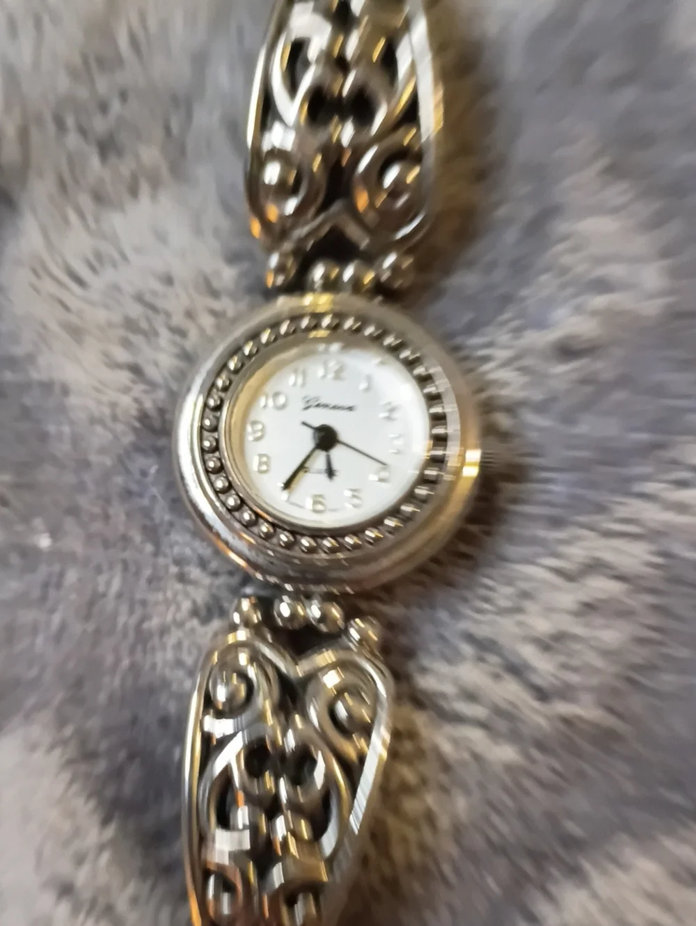 Geneva Silver Filigree Bracelet Watch - Silver and White